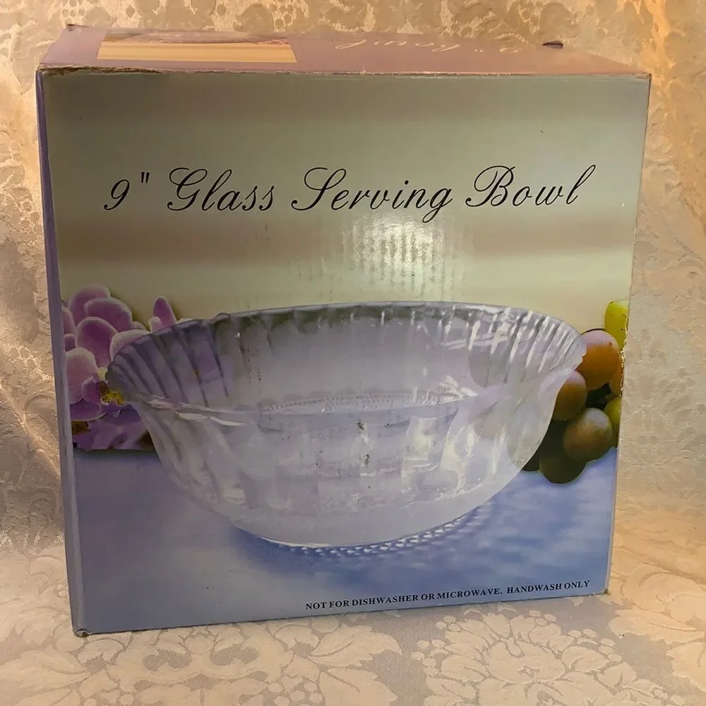 Glass Ware 9 Inch Glass Serving Bowl Ribbed Edges Textured Bottom Hand Wash Only